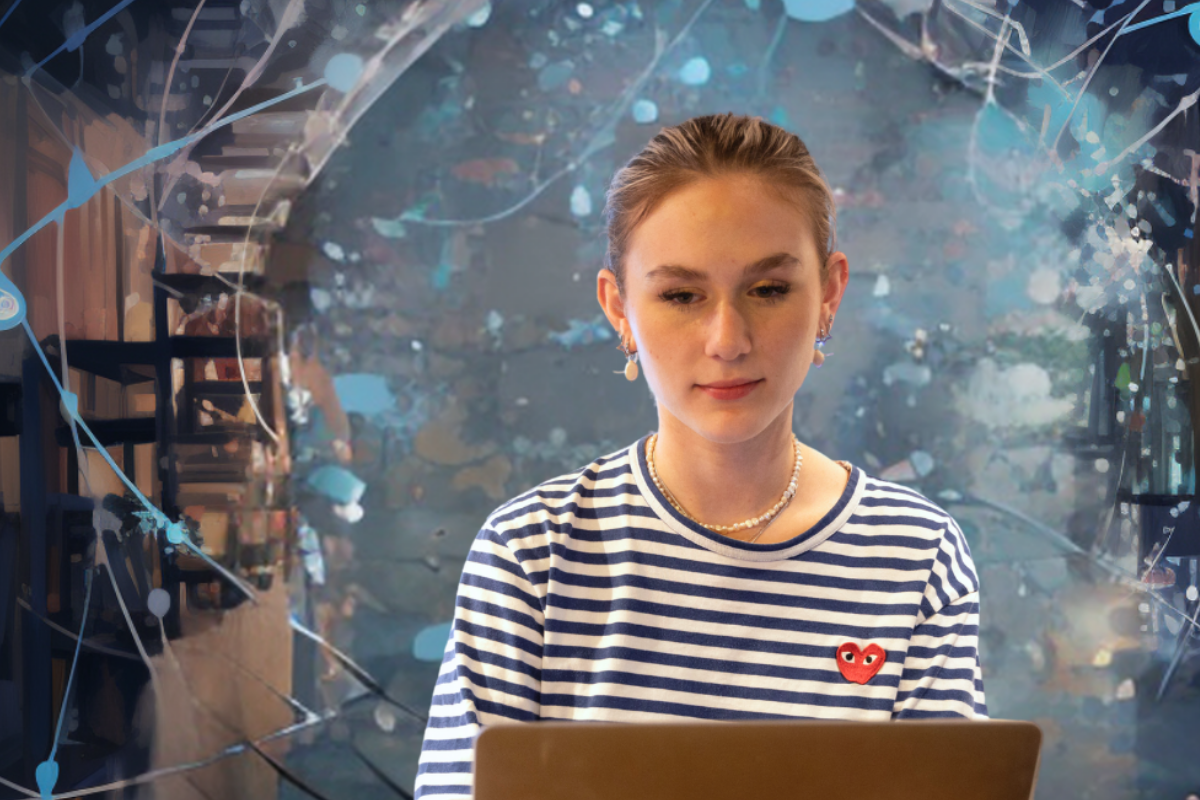Meisje achter haar laptop tegen een AI-achtgrond