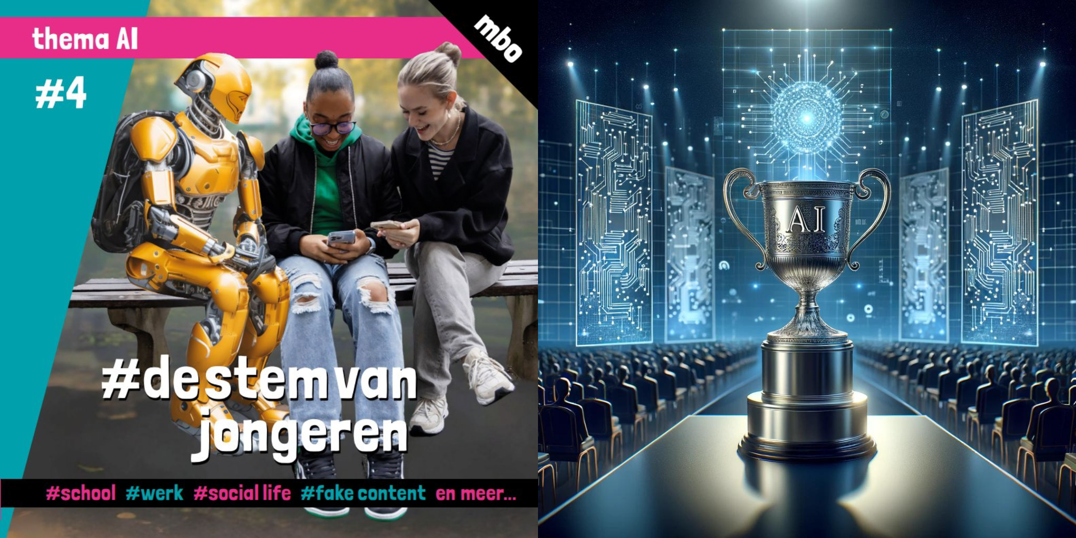 Duobeeld: cover van de AI-uitgave #destemvanjongeren: twee meisjes en een robot op een bankje, kijken naar hun telefoon, en een foto van een prijsbeker met AI erop - AI Awards 2023 -